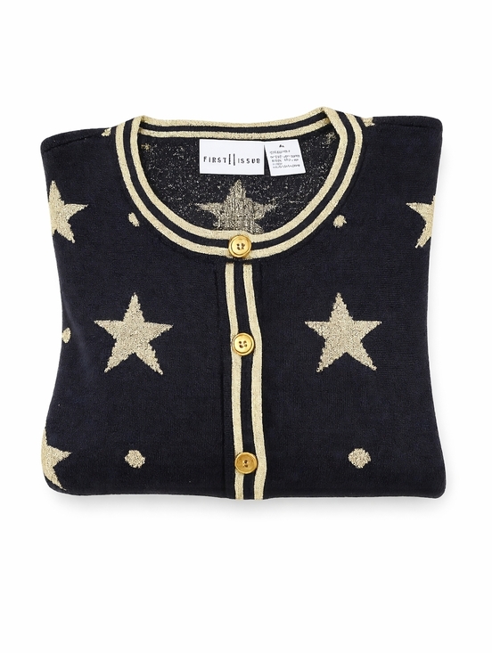 First Issue Chic Celestial Star Black Metallic Gold Button Front Knit Cardigan - Picture 3 of 11
